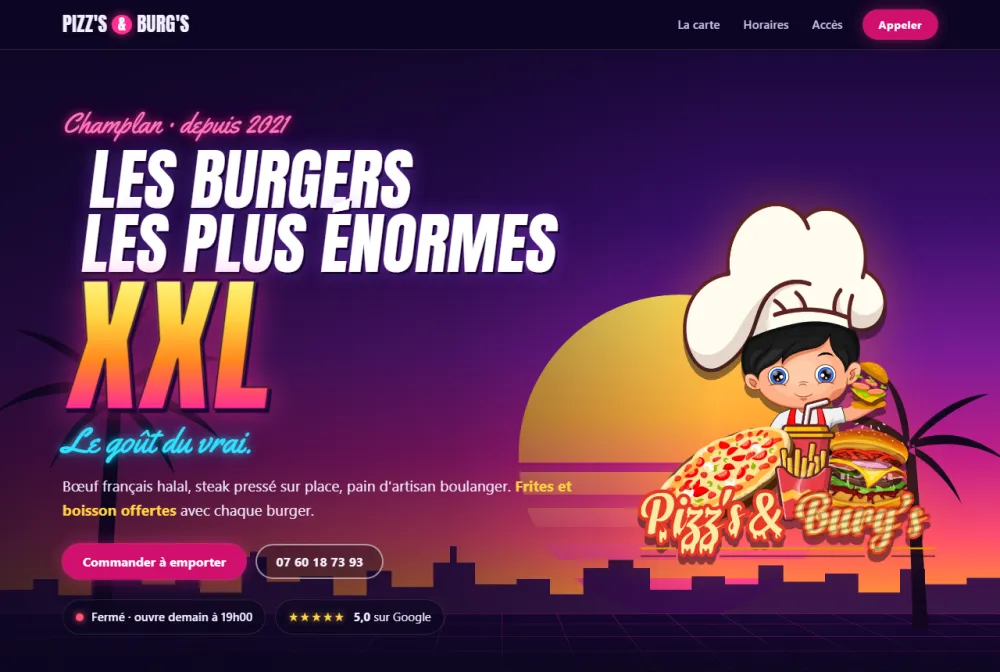 Page d'accueil de pizzsandburgs.fr : un coucher de soleil néon, le titre « Les burgers les plus énormes XXL » et le logo du restaurant.