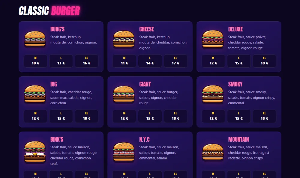 La carte du site : neuf burgers en fiches, chacun avec son illustration et ses trois prix.